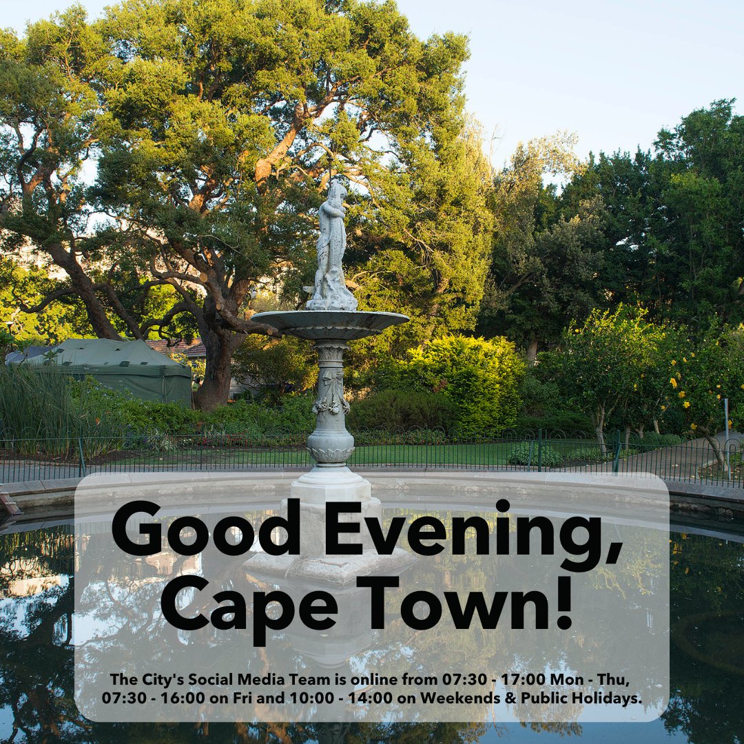 Good evening, Cape Town! Our team will return tomorrow. If you need anything, call us on 0860 103 089 or download the City's App: 🍎 apple.co/3pZAkth 🤖 bit.ly/3pMGltv For emergencies, call 021 480 7700 from a cellphone or 107 from a landline. #OneCityTogether