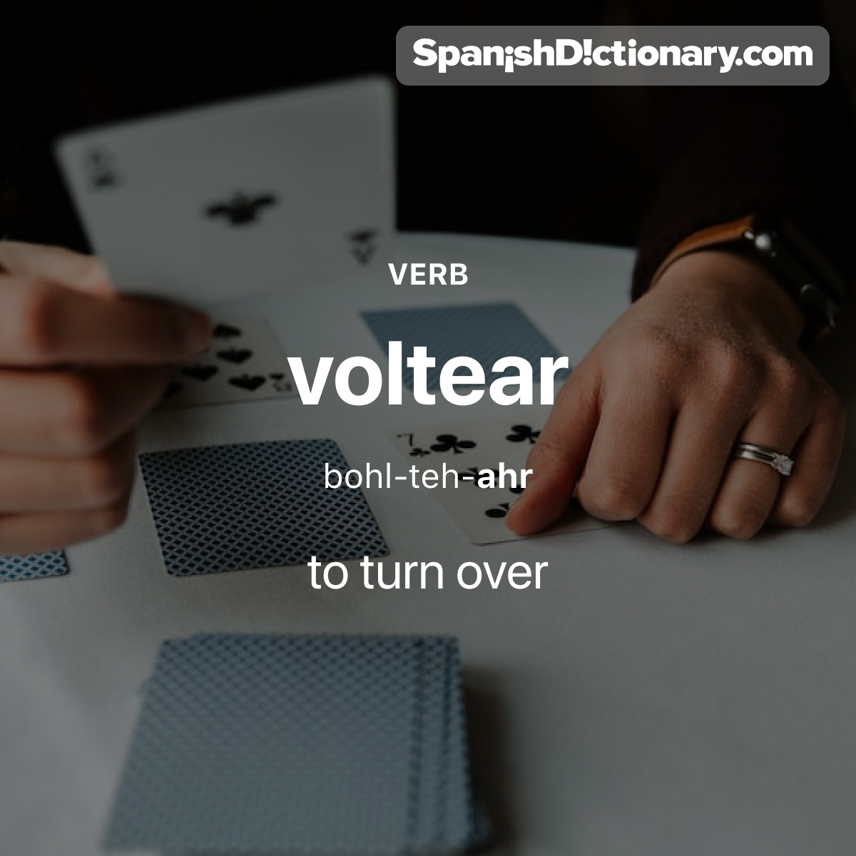 Today's #WordOfTheDay is 'voltear.' ↪️📖 For example: Ed volteó la carta para revelar un as.  - Ed turned over the card to reveal an ace.
.
.
.
#EstudiaEspañol #StudySpanish #AprendeEspañol #LearnSpanish #Español #Spanish #LearningSpanish #PalabraDelDia #voltear #turnover