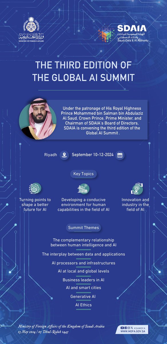 Under the patronage of HRH the Crown Prince, the third edition of the #GlobalAISummit in Riyadh this September.