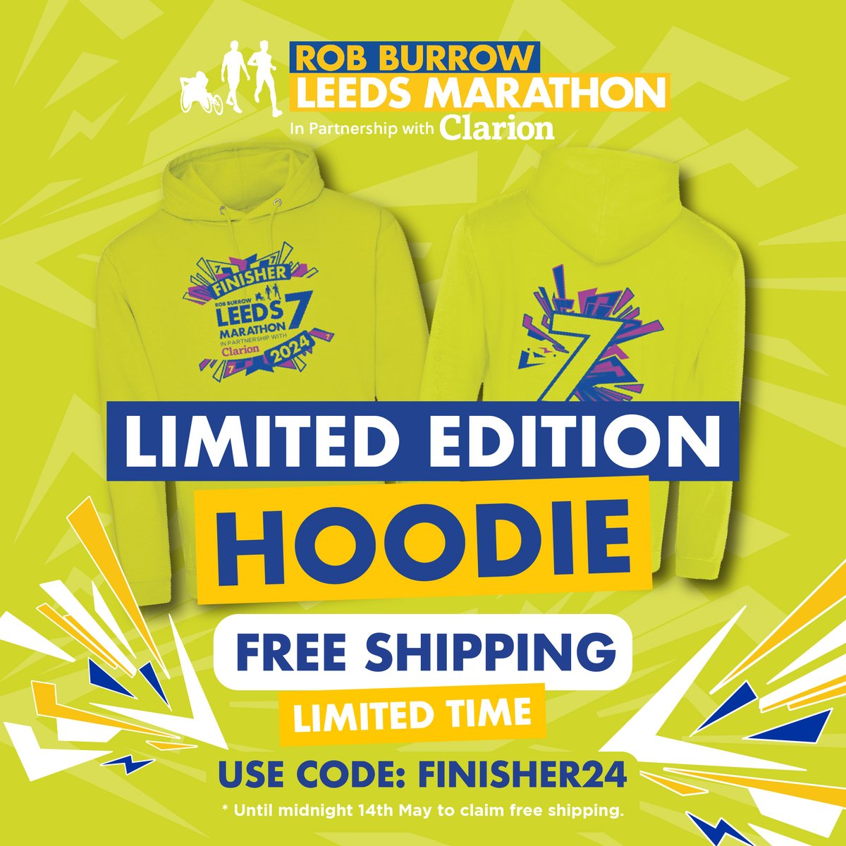 🚨LIMITED TIME ONLY🚨 Now is your chance to secure your Rob Burrow Leeds Marathon limited edition hoodie. Use code FINISHER24 to receive free shipping. You haven't got long, the offer ends at midnight tomorrow. #runforall #robburrowleedsmarathon #leedshalfmarathon