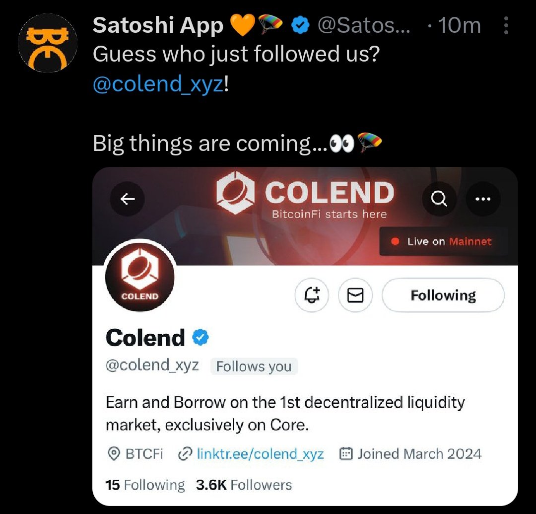 Congratulations Guys 💐 

New Airdrop on @SatoshiAppXYZ is Coming 🎁 @colend_xyz

Don't Miss World Biggest Mining App 🔥 👉btcs.fan/invite/3cx86

What is your reactions now 😱

Like ❤️ | Repost 🔁 | Comment 🎁 

#SatoshiApp #colend #OEXCommunity #OEXApp #OEX #Airdrop…