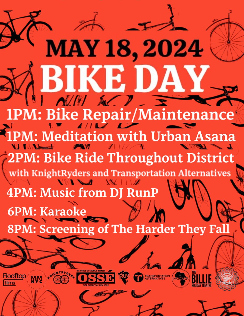 Proud to support @OsseChi's annual Bike Month Ride! The amazing Bed-Stuy based Knight Ryders will be leading the ride on a route they designed and @TransAltBK vols will marshal. See you this Sat, May 18, 2 pm at Restoration Plaza, 1368 Fulton St, b/w New York & Brooklyn Aves!!