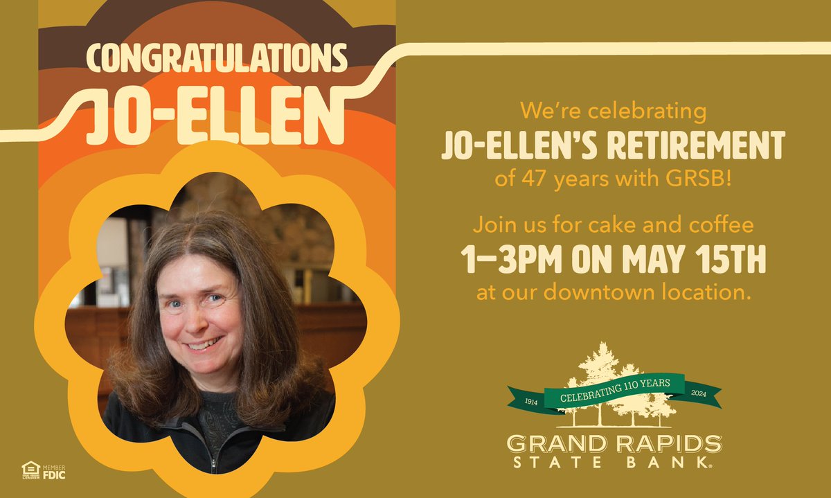 Jo-Ellen is retiring after 47 years at GRSB! Help us celebrate her on Wednesday! #retirementparty #banklocally