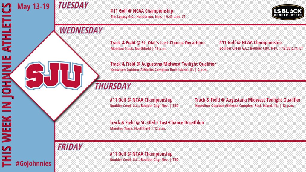 THIS WEEK: No. 11 SJU Golf begins the @NCAADIII Championship tomorrow near Las Vegas and SJU Track & Field splits for two meets! #GoJohnnies