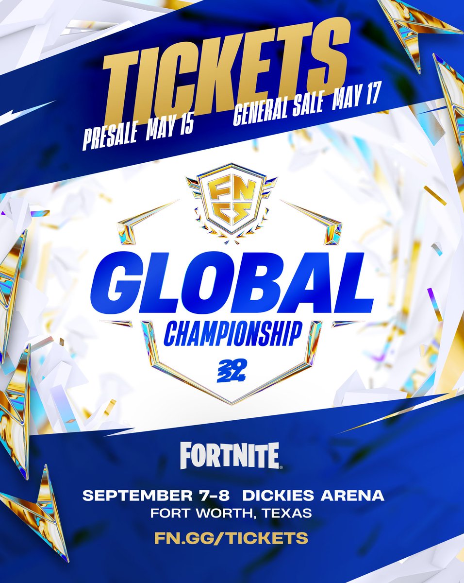 Something you've been waiting for!

YOU'LL BE ABLE TO GET THE FNCS GLOBAL CHAMPIONSHIP TICKETS THIS WEEK!

🔴 Live Nation presale: May 15 | 10 am CT
Register here: help.livenation.com/hc/en-us/artic…
🔴 General sale: May 17 | 10 am CT
➡️ fn.gg/tickets ⬅️