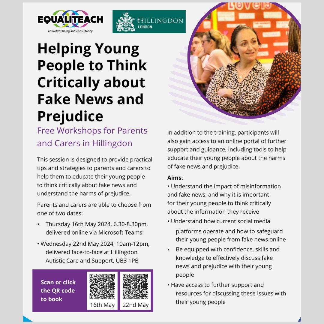 EqualiTech is hosting a FREE workshop for parents &amp; carers, empowering them with practical tips to educate their young people to think critically about fake news and combat prejudice.

Book here!
Thurs 16 May: bit.ly/3JVWHpY
Wed 22 May: bit.ly/3QH06ga