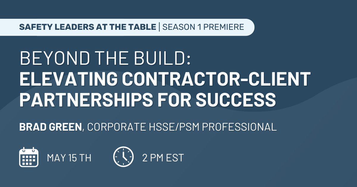 SafetyServices's tweet image. This month’s Safety Leaders at the Table event is just around the corner! We&apos;re featuring Brad Green, Corporate HSSE/PSM Professional, to learn about Elevating #ContractorClient Partnerships for Success.

Join us on May 15th at 2 PM EST.

Register Now: bit.ly/49ZIMtx