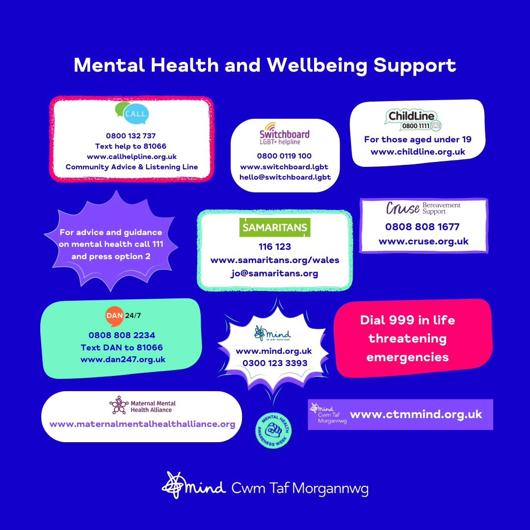 For Mental Health Awareness Week, Cwm Taf Morgannwg Mind would like to share mental health and wellbeing support numbers.

#NoMindLeftBehind #MentalHealthAwarenessWeek

Please note: Opening Times May Vary
However, @samaritans are open 24/7 365 days a year 116 123
