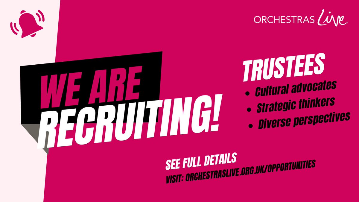 📣 #Recruitment news 📣

We're seeking enthusiastic trustees to join our board! If you're a cultural advocate and recognise the unique role that orchestras play, we want to hear from you. 🎶

Find out more ⬇️
orchestraslive.org.uk/opportunities/…

@YoungTrustees @TrusteesUnltd #charityjobs