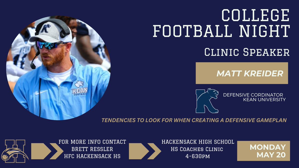 1 WEEK AWAY! Some excellent speakers on deck including @Coach_Kreider talking defensive game planning! #CollegeFootballNight2024