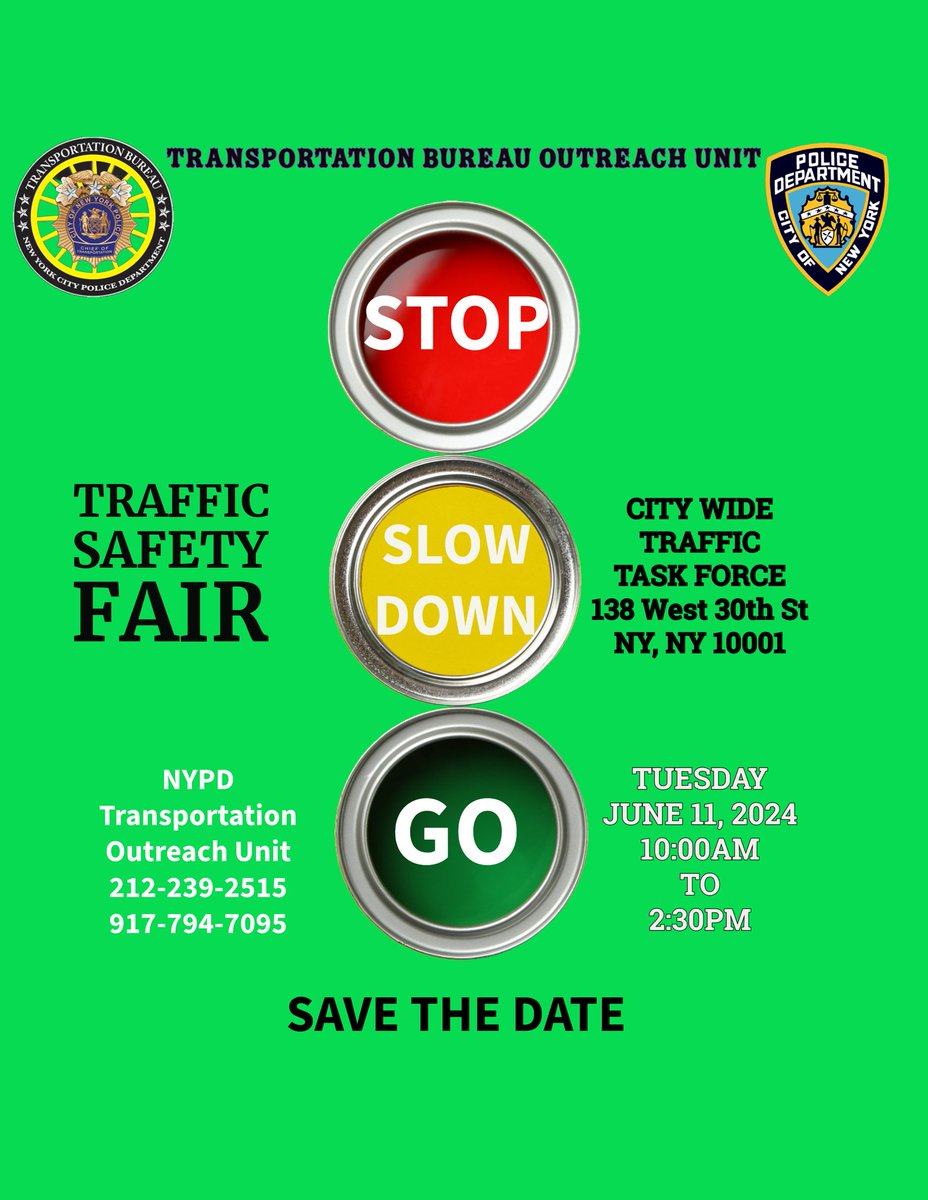 ✸ SAVE THE DATE ✸ Come join us as the Transportation Outreach Team will be hosting a Traffic Safety Fair on Tuesday, June 11, 2024. It will be at 138 West 30th Street in Manhattan. See you there!