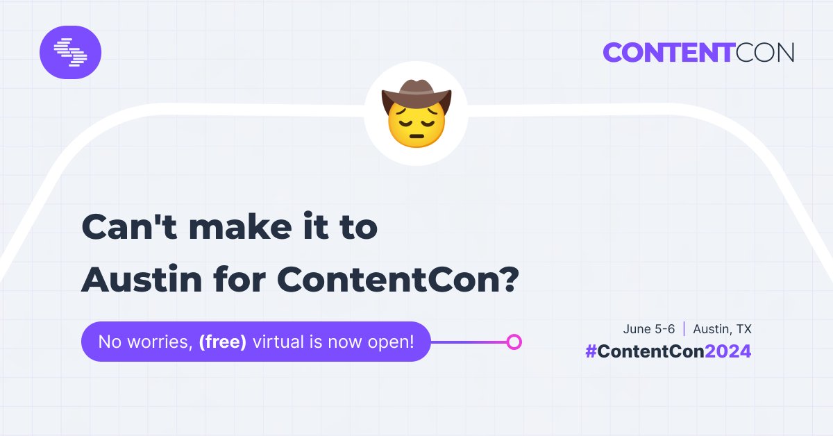 Contentstack's tweet image. Turn that frown upside down because virtual registration for #ContentCon2024 is...
a) OPEN
b) FREE 🤠 

Lock in your virtual registration today: bit.ly/3JVc16b