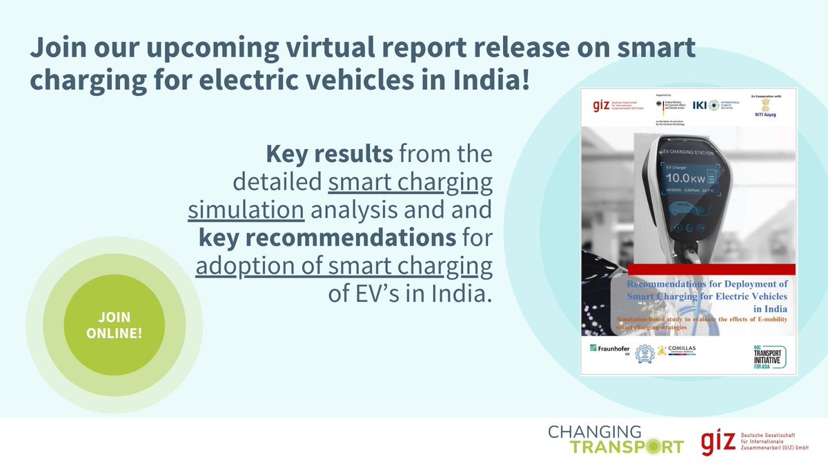 🔎 Are you interested to explore the aspects of smart charging for electric vehicles in India? 🌟 GIZ India will host a virtual release of “Recommendations for Deployment of Smart Charging for Electric Vehicles in India”. Join and read more here ➡ bit.ly/3yauLvS