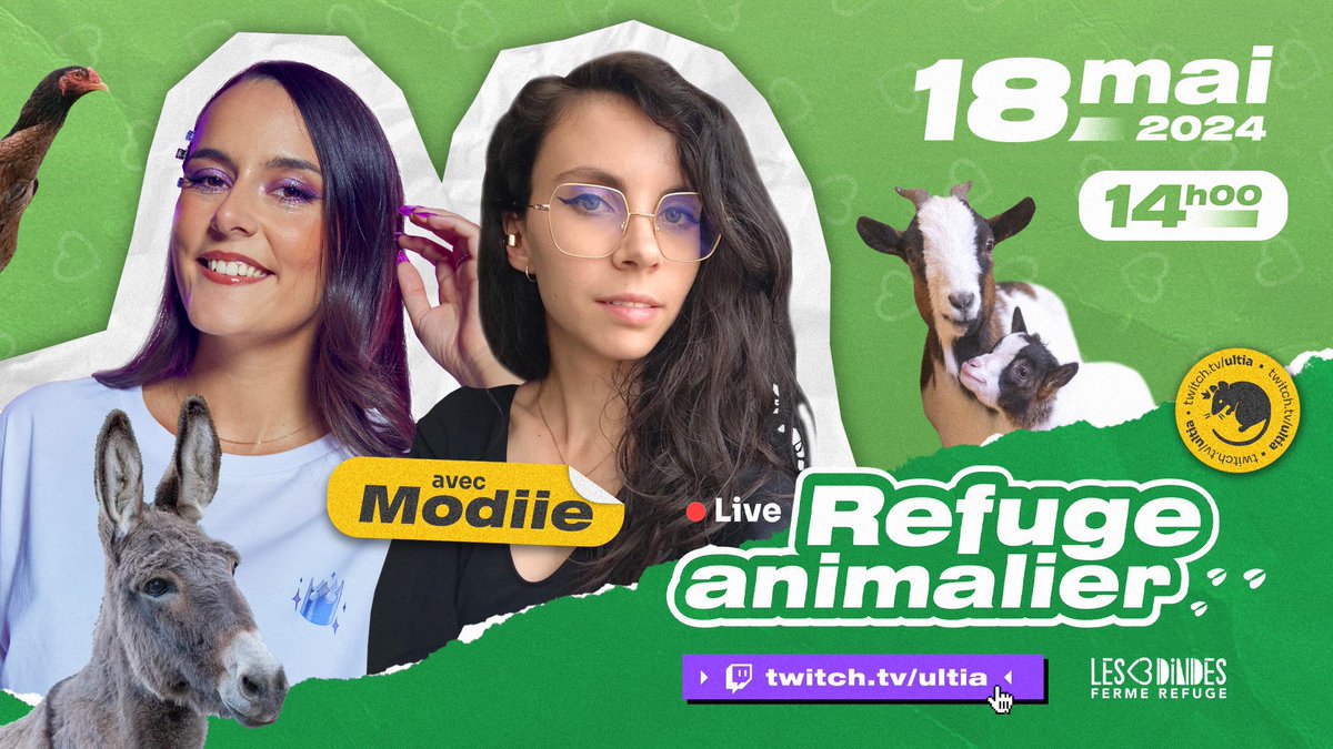 Ce samedi 18 mai et suite à un Donation Goal Zevent on visite un sanctuaire animalier avec ma chère @M0diie j’ai si hâte 🦃🐑🫏 🐐 Rdv sur ma chaîne twitch à 14h 🐀