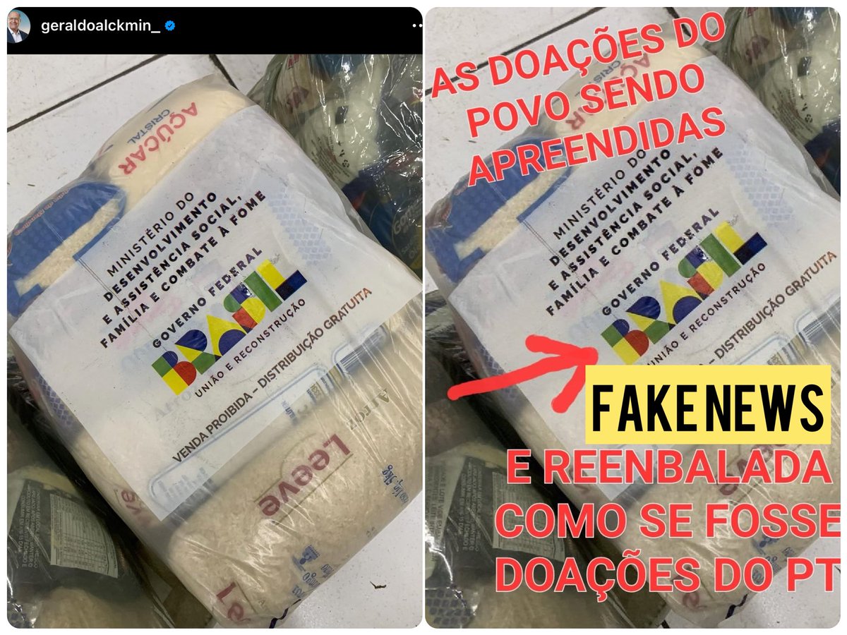 ALERTA DE FAKE NEWS: Bandidos bolsonaristas pegaram uma foto da postagem do Geraldo Alckmin que mostrava as cestas básicas enviadas pelo Governo Lula ao Rio Grande do Sul e estão espalhando que o governo pegou a doação do povo e empacotou com sua logo. BOLSONARISMO MATA