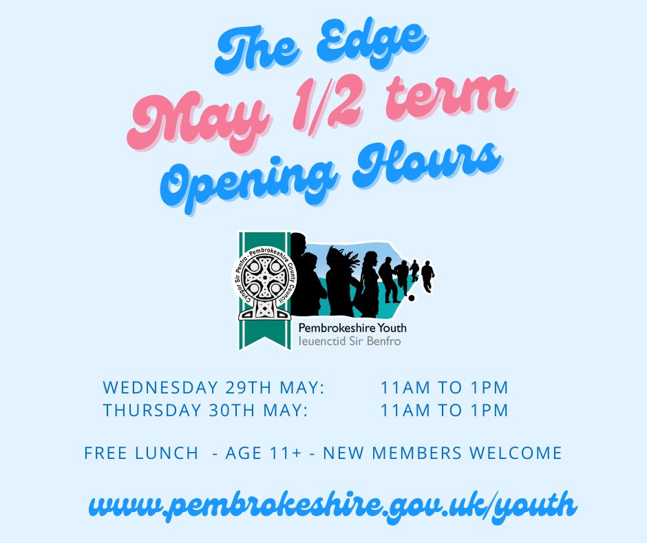 May 1/2 term Opening Hours @ The Edge:
Oriau Agor tymor Mai 1/2 yn The Edge: