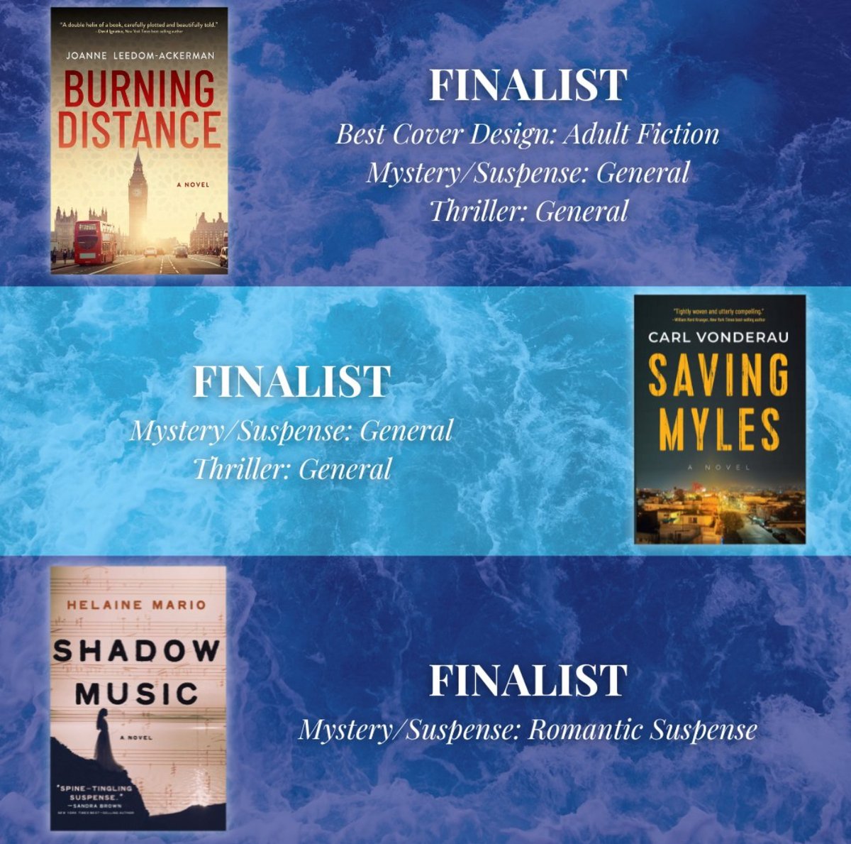 Congrats to the authors whose books were named finalists in the 2024 American Legacy Book Awards!  

BURNING DISTANCE by
<a href="/jlajoanne/">JoanneLeedomAckerman</a>

SAVING MYLES by
<a href="/CarlVonderau/">Carl Vonderau</a>

SHADOW MUSIC by
Helaine Mario 

<a href="/oceanviewpub/">Oceanview Publishing</a> #BooksWorthReading #BookAwards