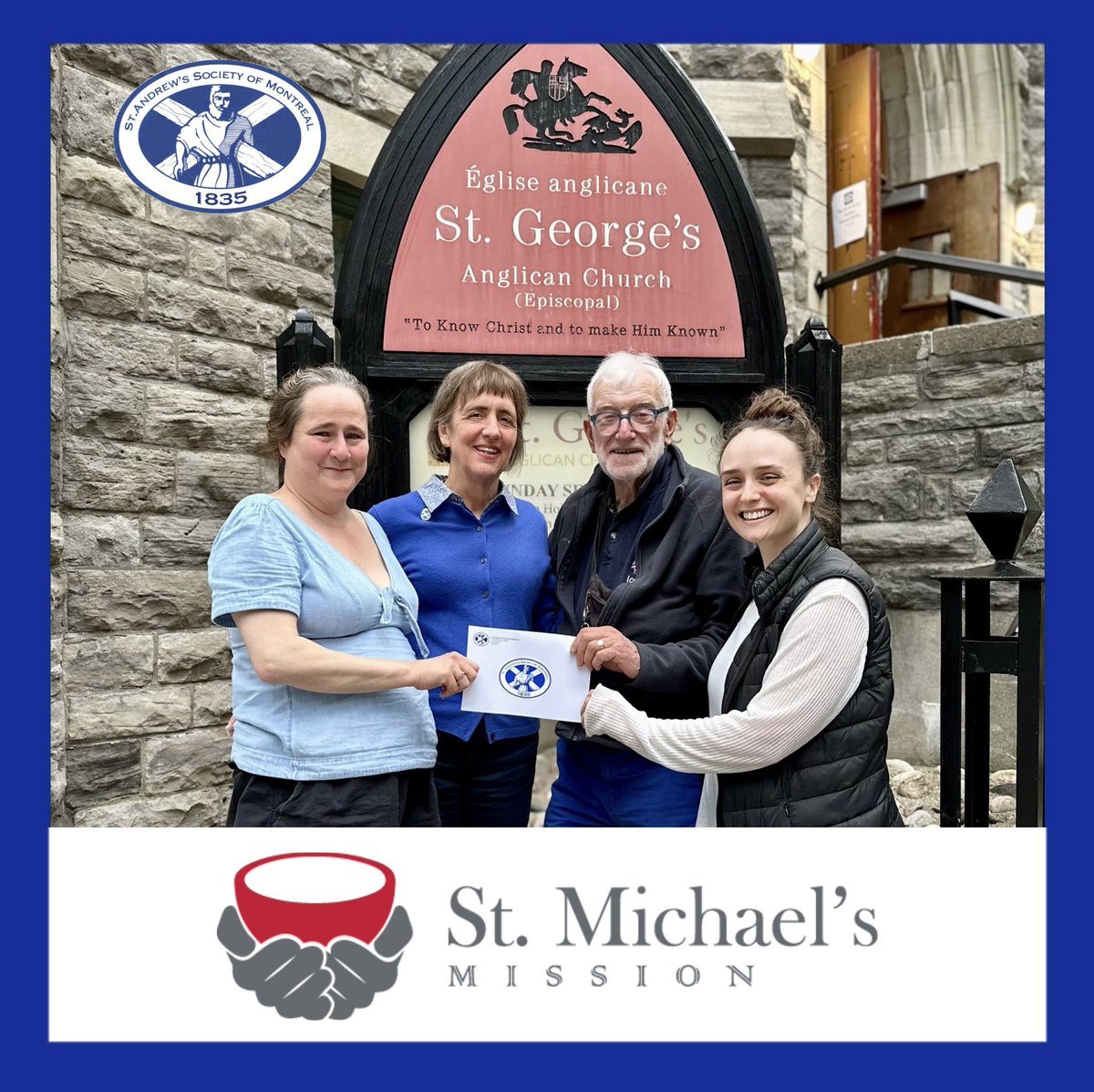 The St. Andrew's Society of Montreal is pleased to support St. George's Anglican Church and St. Michael's Mission. 

St. Michael’s Mission provides frontline services including meals, respite from the street, clean clothing, hygiene assistance and emergency food distribution.