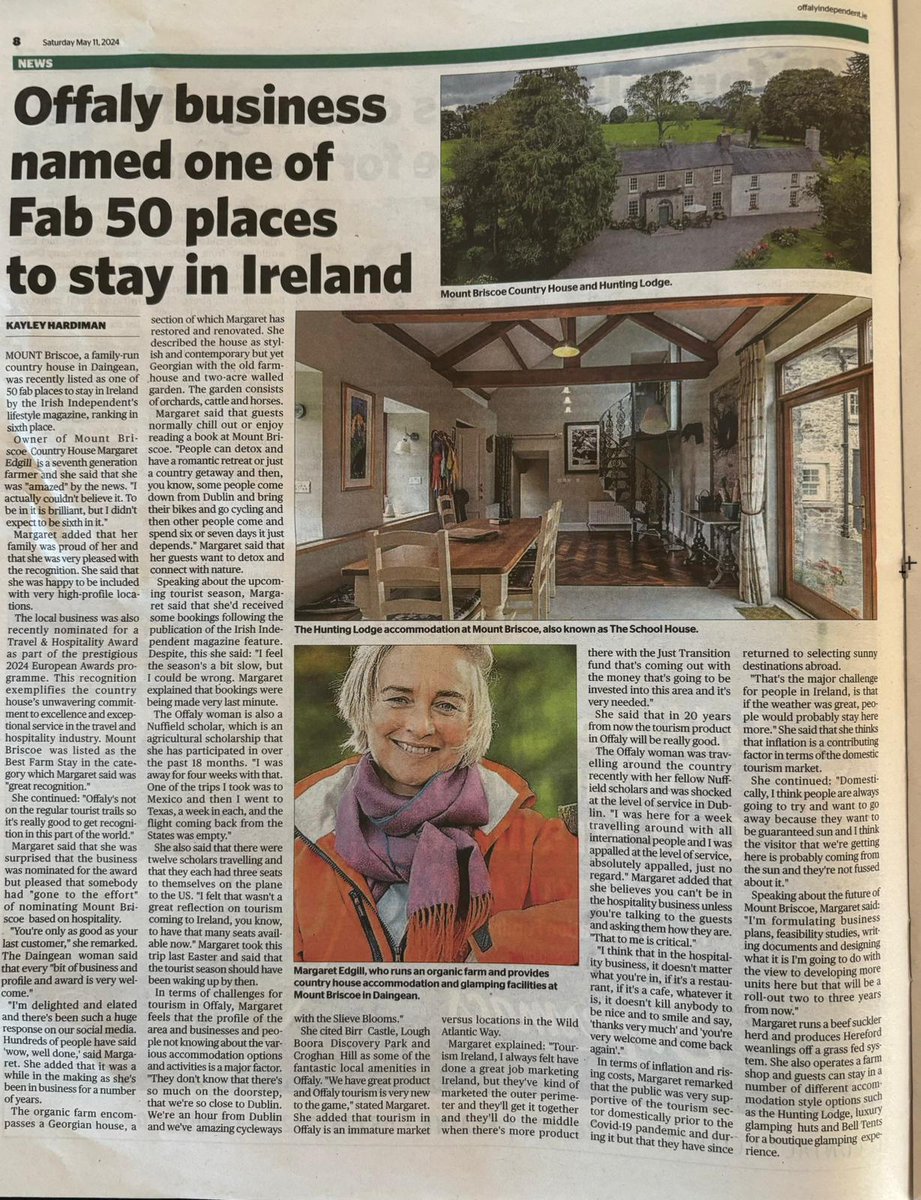 Many thanks to the @offalyindo for the article in this week's paper .
About the top 50 places to stay in Ireland, Where we were ranked number 6. Its wonderful news!

#MountBriscoeOrganic
#VisitOffaly
#IrelandsHiddenHeartlands
#airbnb
#FarmHolidays
Mountbriscoe.ie