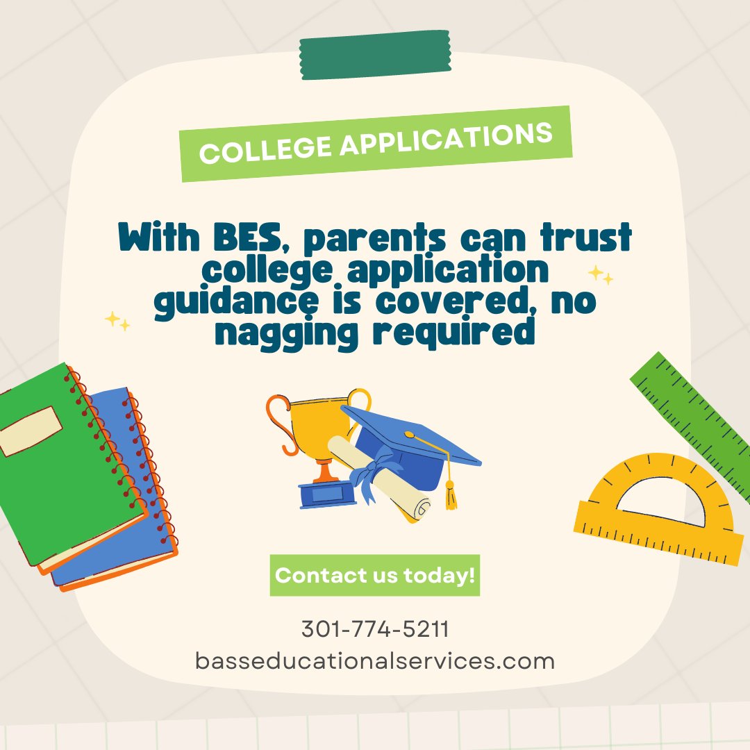 With BES's support, parents can trust that college application guidance is covered without the need for nagging.

Contact Us Today!
hubs.ly/Q02wLDjV0 

#collegeapplications #academicsuccess #collegeplanning