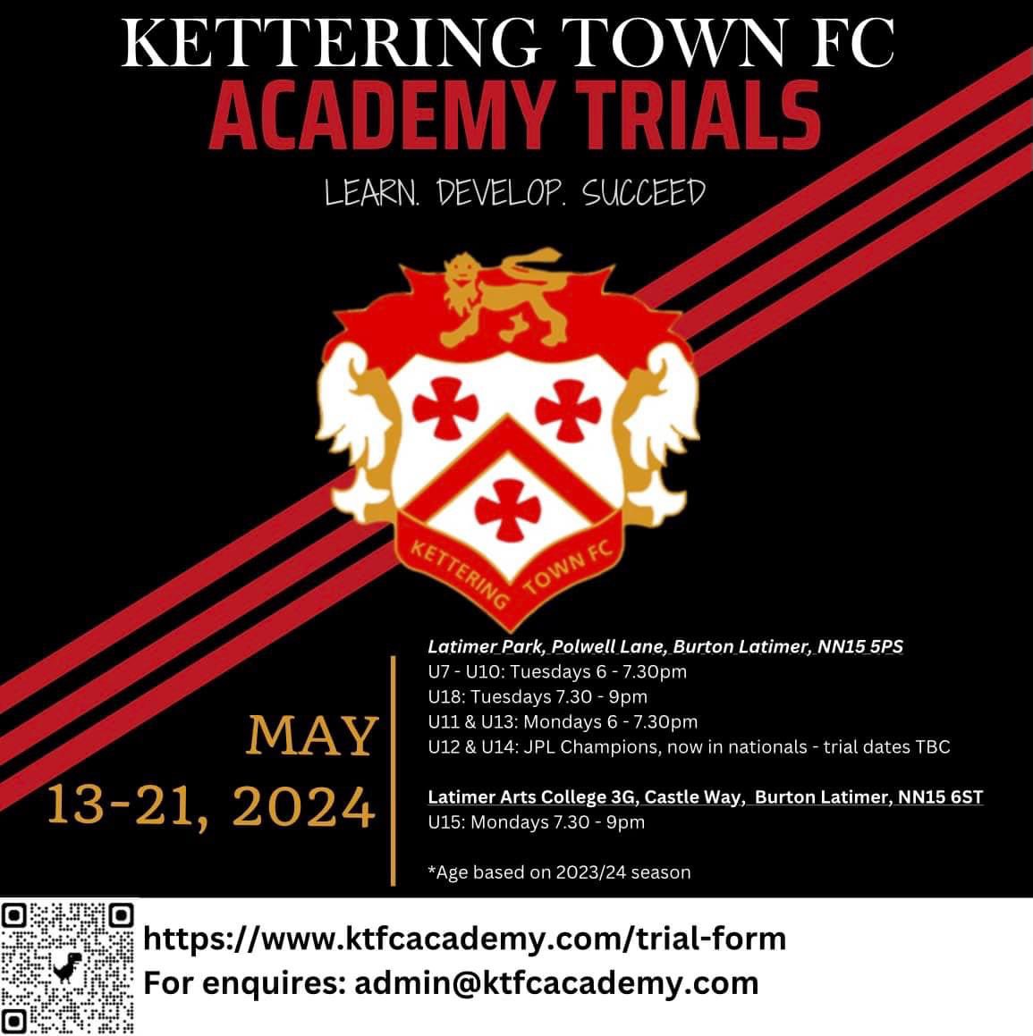Don’t forget, KTFC Academy trials are this week &amp; next for U7’s - U11’s, U13’s, U15’s &amp; U18’s. 
If you would like to attend, please view poster for your day/time &amp; for how to register. 
If you have already booked, we look forward to seeing you soon 🔴⚫️