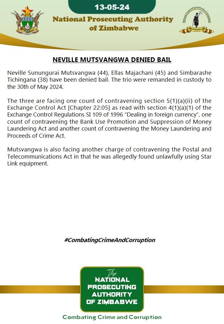 Neville Mutsvangwa denied bail by a Harare magistrate.