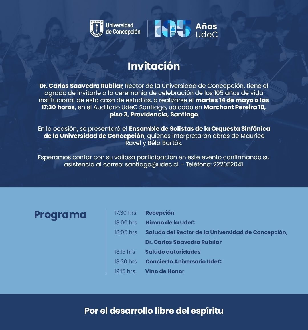 Atención comunidad Alumni en Santiago
Les invitamos a participar de la ceremonia aniversario #105añosUdeC, este miércoles 14 de mayo, a las 17.30 horas en #UdeCSantiago.
INSCIPCIONES: welcu.com/universidad-de…