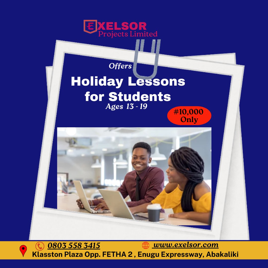 Exelsor Projects Academy will be having a holiday computer lesson for secondary school students. Take advantage of this offer to enrol your children today. We have a conducive and well-equipped computer hall for training. Call 08035583415