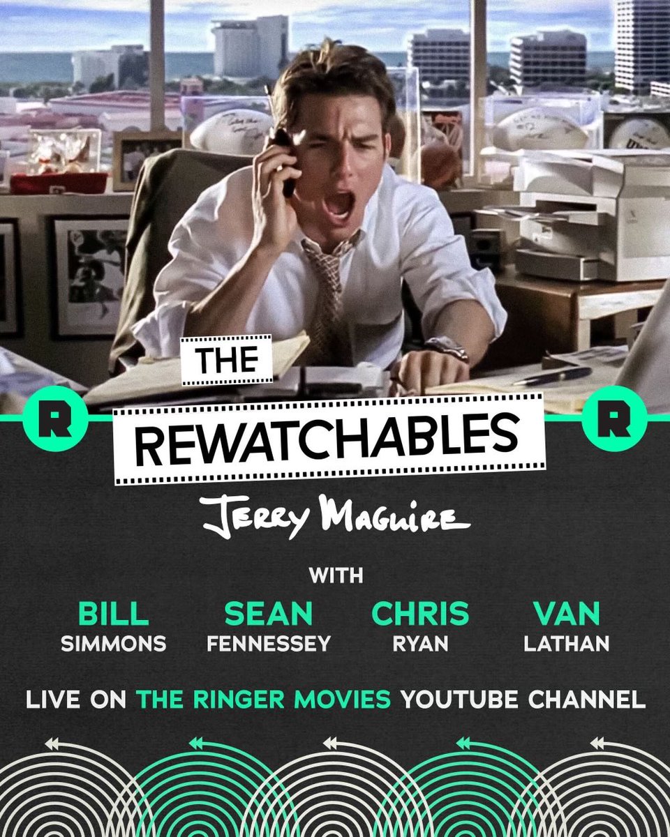 We are doing a LIVE episode of @TheRewatchables on YouTube today at noon PT. We’re running back ‘Jerry Maguire,’ hosted by me, CR, Van and Fennessey. You have my word, it’s stronger than oak. Time: 12 p.m. PT/3 p.m. ET Where: YouTube.com/@ringermovies SUBSCRIBE NOW