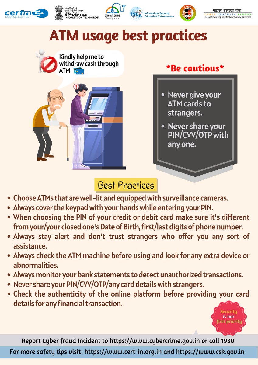 Safety tip of the day: Never give your ATM card to strangers. #indiancert #cyberswachhtakendra #staysafeonline  #cybersecurity  #besafe #staysafe #mygov #Meity  #onlinefraud #cybercrime #scamming #cyberalert #CSK #cybersecurityawareness