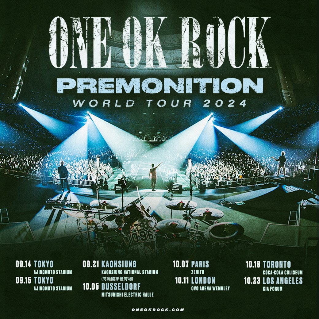 ONE OK ROCK 2024 PREMONITION WORLD TOURの開催決定!! 
日本公演は9月に味の素スタジアムで2日間開催！

詳細はオフィシャルホームページへ
oneokrock.com/jp
※チケット販売スケジュールに関しては随時発表

#ONEOKROCK #PREMONITIONWORLDTOUR2024