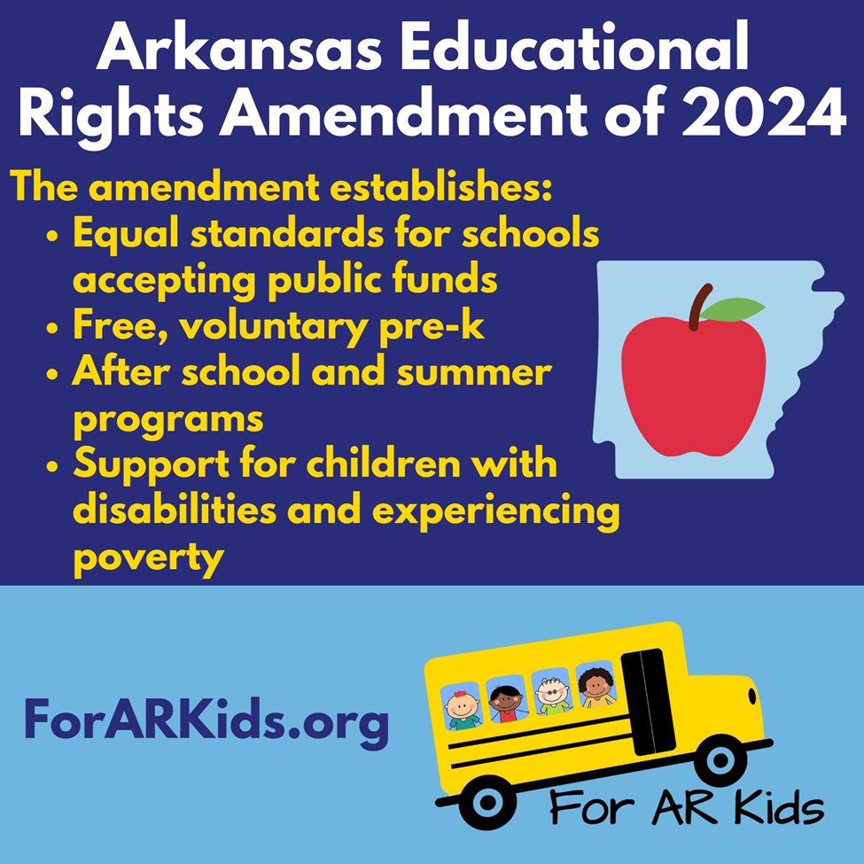 Do you support guaranteed, free, voluntary pre-K for all 3- and 4-year-olds in #Arkansas? Then we’ve got an amendment for you!

#AREducationalRightsAmendment expands services that support student success.

Sign the #ForARKids petition. Follow/like/repost us on X.
#arpx