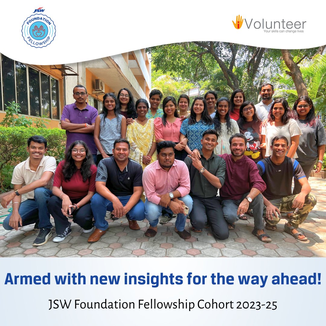 JSW Foundation Fellowship 2023-25: Ready to ignite change!

After a transformative week in Pune, our fellows return with refined plans and renewed purpose. Back to their locations, they're set to make a real impact

#jswfoundationfellowship #iVolunteer #ChangeMakers