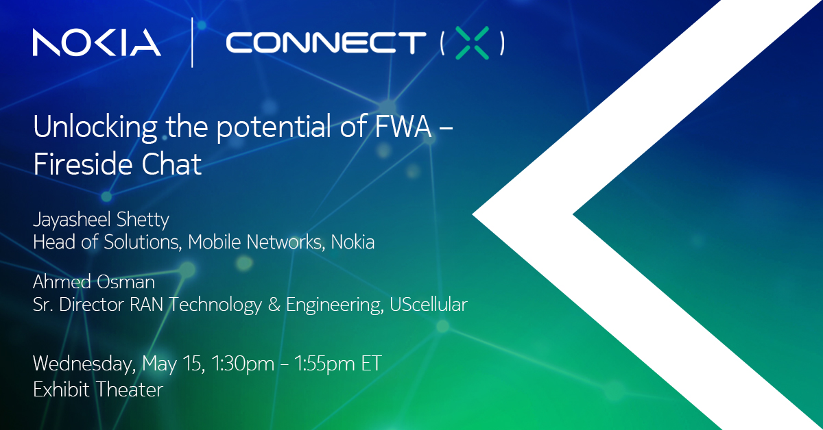 WIA Connect(X) is just around the corner. Be sure to catch our Jayasheel Shetty, as he joins USCellular's, Ahmed Osman, for their 'Unlocking the Potential of FWA' fireside chat! nokia.ly/3JYGNet 📅 May 15, 1:30pm ET #partnership #FWA #connectivity @ConnectX_USA