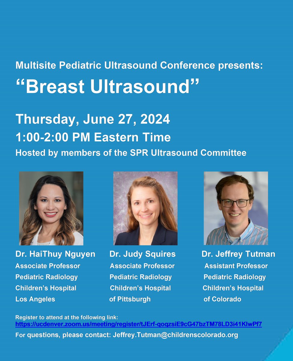 Registration is now open for the next Multisite #Pediatric #Ultrasound Conference with discussion of Breast Ultrasound, joined by @TCHRadiology Dr. Nadia Mahmood

Thursday, June 27th at 11am MT/1PM ET

Registration is available here: ucdenver.zoom.us/meeting/regist…