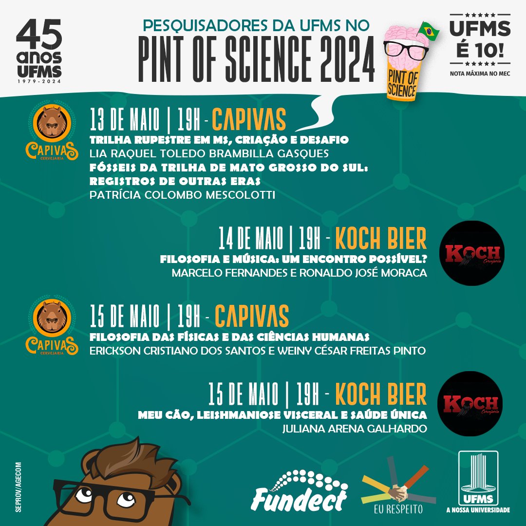 Já pensou em falar sobre ciência com professores da UFMS? 👀 O festival internacional Pint of Science promove encontro entre pesquisadores e a sociedade, de hoje a 15 de maio, no Capivas e Koch Bier, às 19h. Prestigie! 🔗 Leia mais: link.ufms.br/VqNa0