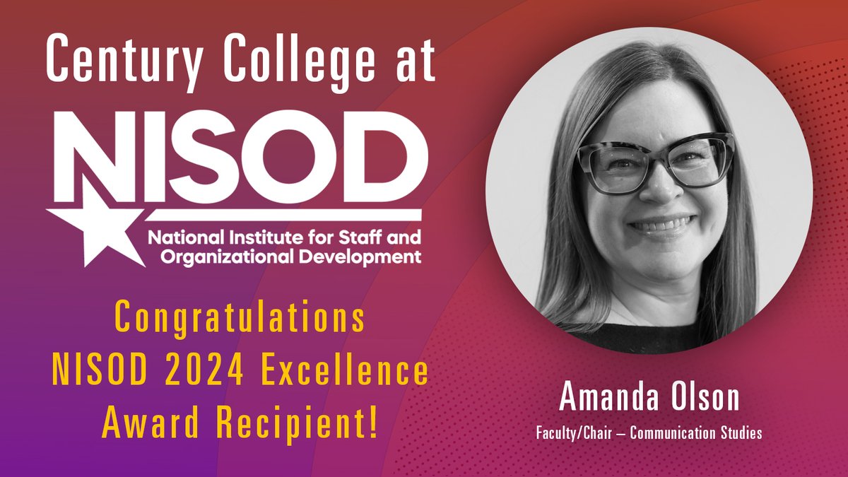 We are thrilled to announce that Amanda Olson has been recognized as an exceptional educator @CenturyCollege by the @NISOD Excellence Awards. 

Her hard work and dedication inspire us all! Congrats, Amanda! 👏 #NISODExcellenceAwards2024 #EducationCelebration