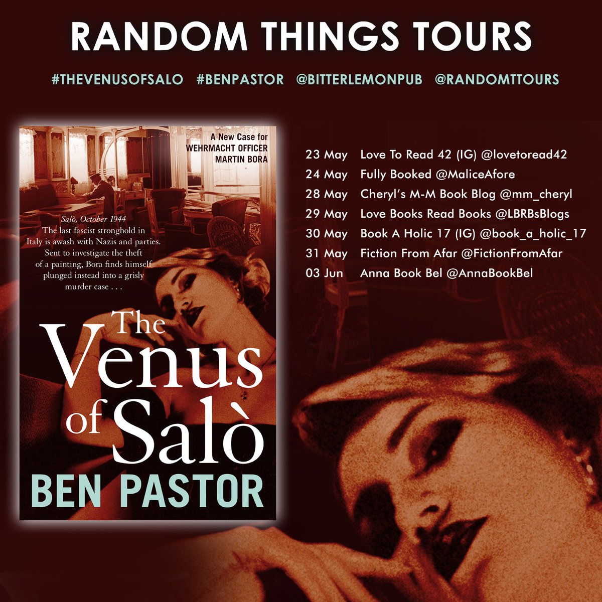 Delighted to work with @bitterlemonpub on the #RandomThingsTours Blog Tour for #TheVenusofSalo by #BenPastor
Begins 23 May