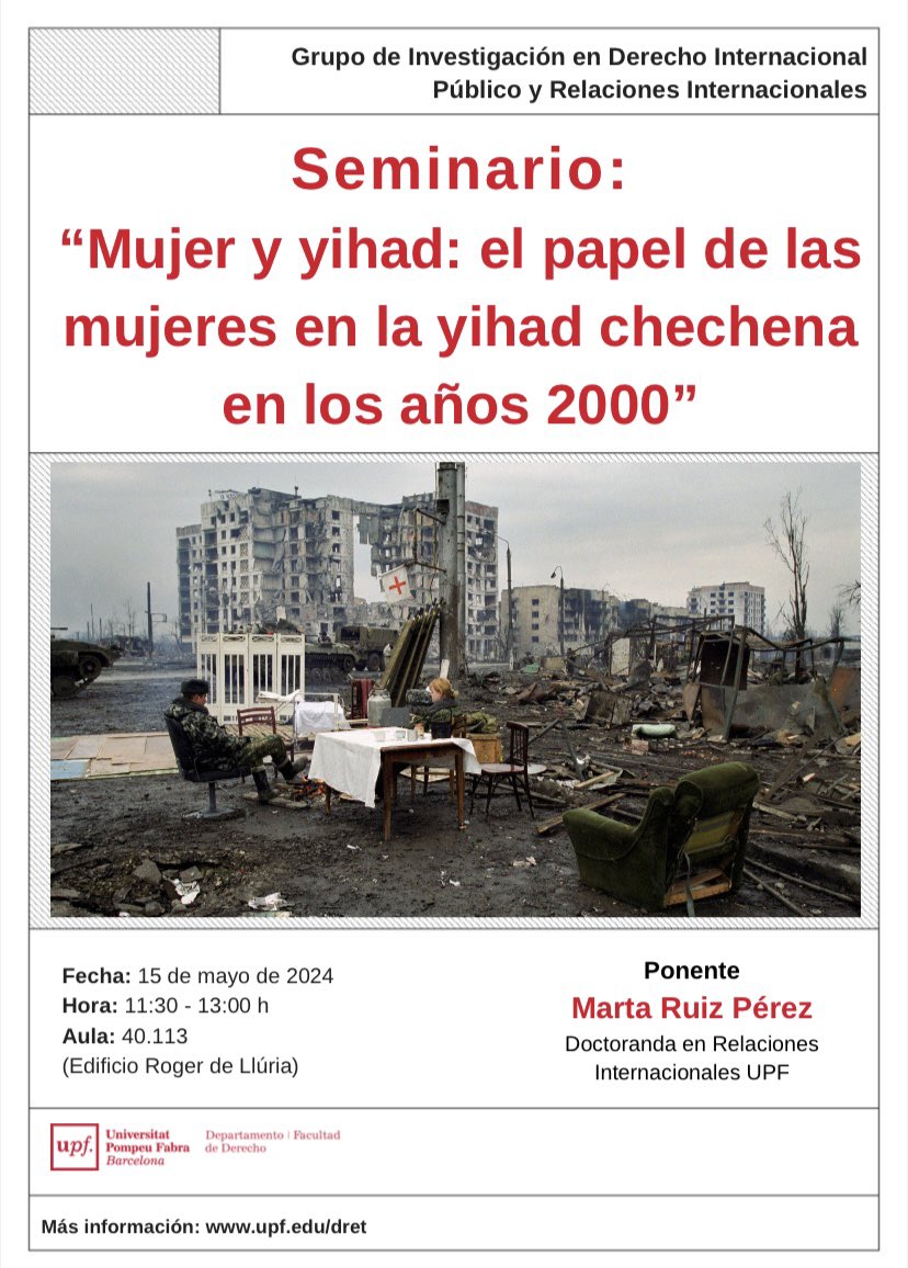 🔖 Marta Ruiz Pérez (@martaruizzp), #alumniUPF de @PolitiquesUPF i doctoranda de @DretUPF, impartirà aquest seminari sobre el paper de les dones en el gihad txetxè en els anys 2000.

🗓️ 15 de maig, 11.30 h
📌 Campus de la Ciutadella

No t'ho perdis 👉 tuit.cat/isf9C