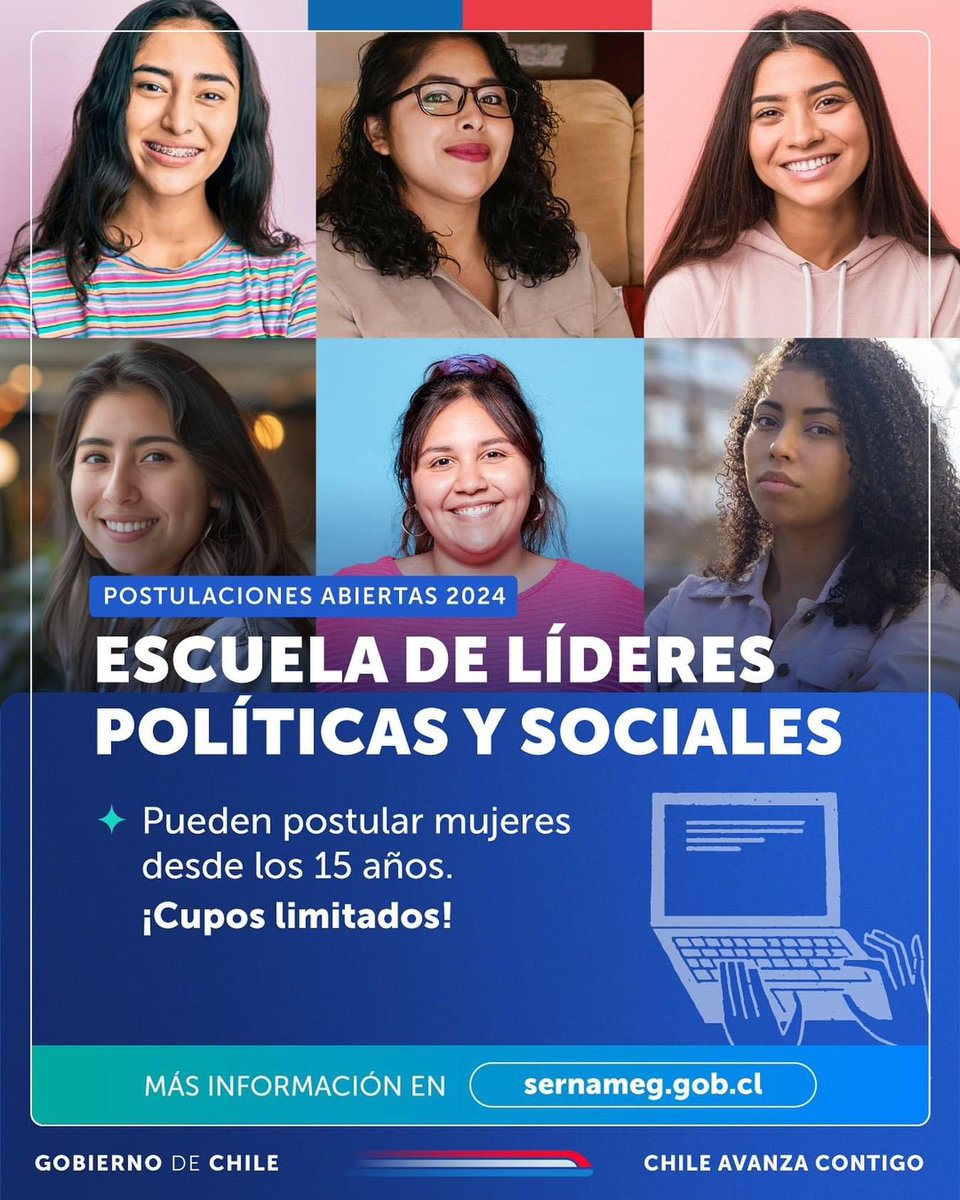 📣 ¡Ya están abiertas las postulaciones para ser parte de la Escuela de Líderes Políticas y Sociales 2024!  📌 Postula hasta el 31 de mayo 📲 Revisa los requisitos en 🔗 sernameg.gob.cl
