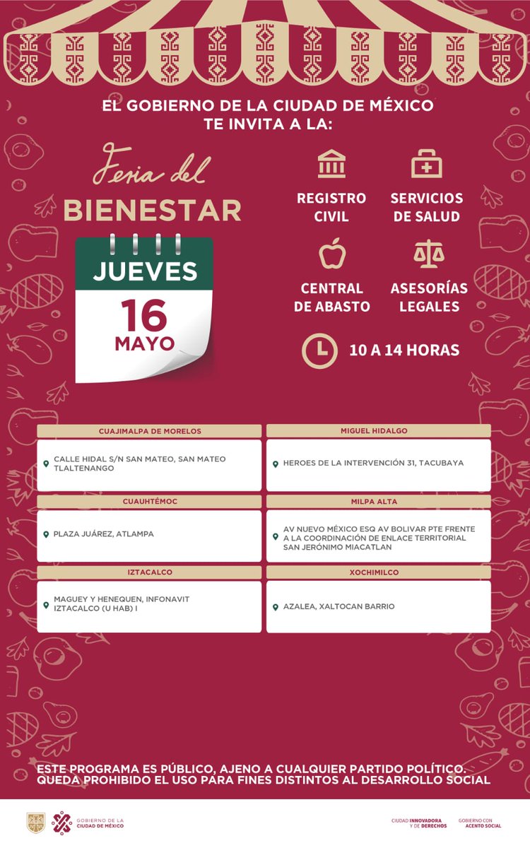 📆Conoce la ubicación de las #FeriasDelBienestar del @GobCDMX de esta semana y conoce los servicios gratuitos que aquí se ofrecen. 🤲🏽❤️ Módulo de #SaludEnTuVida 📃Copias de actas de nacimiento ⚖️ Asesoría jurídica y más ⏰De 10 a 14 horas