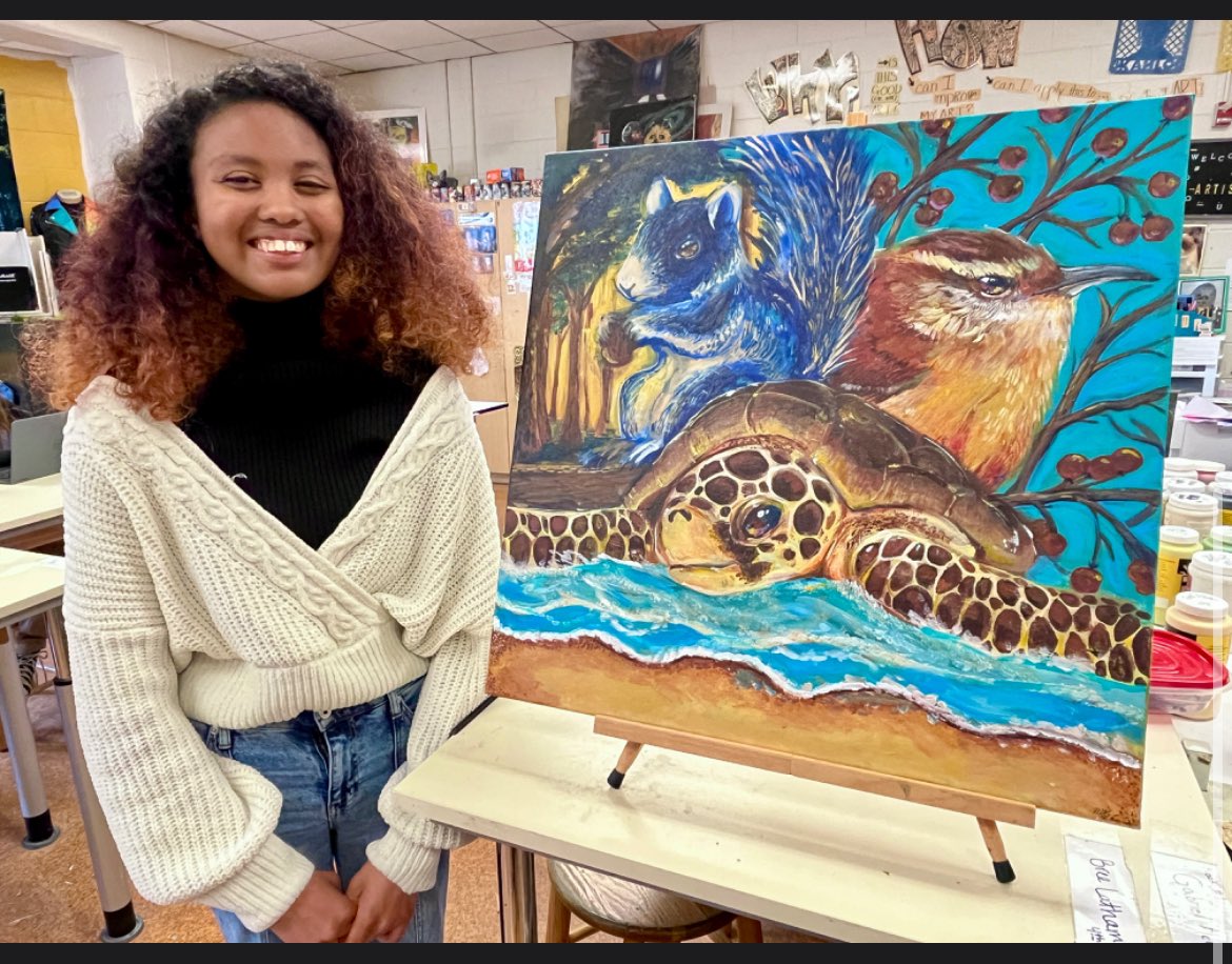 Congratulations to our Art 3 student, Maela Phetakoune! Her acrylic painting of 3 SC animals  (Fox Squirrel, Loggerhead turtle and Brown Thrasher) was chosen by our Congressman Russell Frye’s office to represent the 7th district in Washington DC! #GoldBlooded #OneTeam
