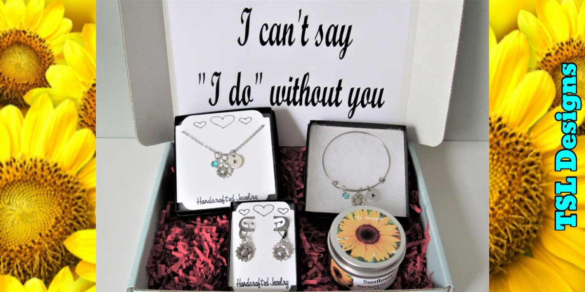 Bridesmaid Sunflower Gift Box ~ Sunflower Necklace and Bracelet, Druzy Stud Earrings & a Handpoured Soy Candle buff.ly/3ZK3Wsp #giftbox #giftideas #bridesmaid #sunflowerjewelry #handmade #jewelry #handcrafted #shopsmall #etsy #etsyhandmade #etsyjewelry