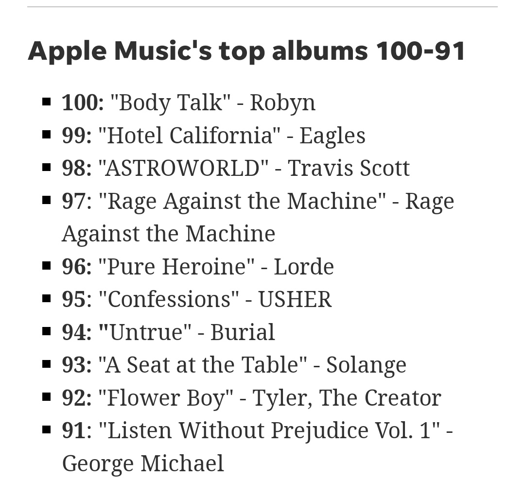 Apple Music 100 best album countdown! Starting 100-91! What do you think? usatoday.com/story/entertai… #hotelcalifornia #Eagles #ratm #georgemichael