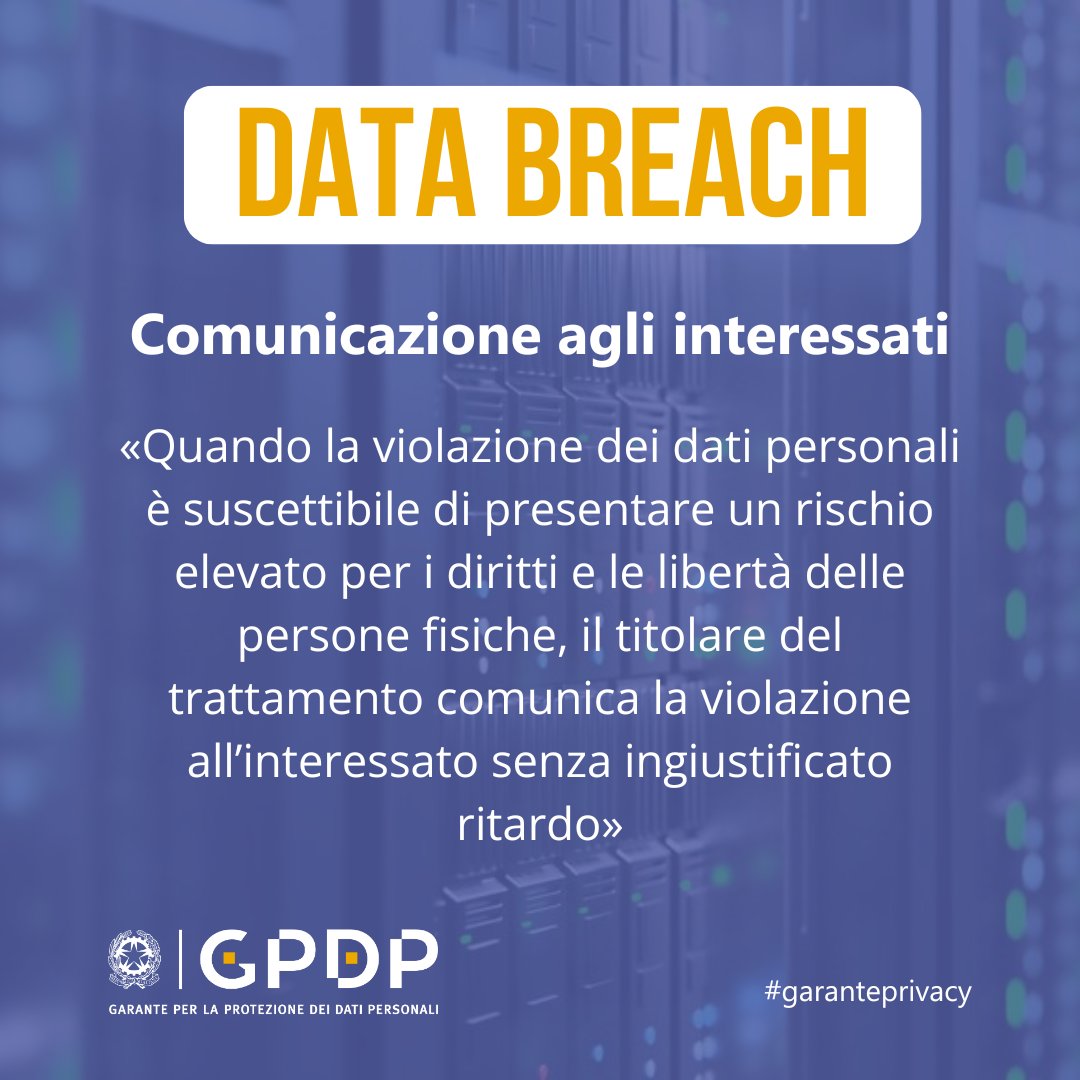 #DataBreach La comunicazione agli interessati dovrebbe avvenire “senza ingiustificato ritardo”, per fornire loro informazioni specifiche sulle misure necessarie per proteggersi gpdp.it/data-breach #GarantePrivacy 👇