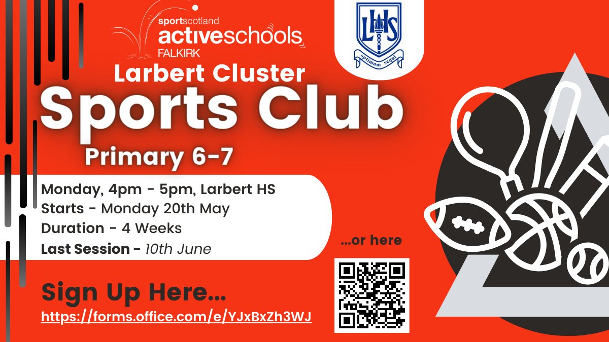 P6-7 Cluster Sports Club Returns🤩✅ ✅P6-7 Pupil transitioning to @LarbertHigh? ✅Love sport? ✅Get signed up for block 3⤵️ 📅Mon 20th May - 10th Jun ⏰4-5pm 🏟️Larbert HS Block 3 Sports: ⚽️Football 👟Athletics 🏐Netball 🏃‍♀️Multi-Games Sign Up - forms.office.com/e/0szEgdQXGq