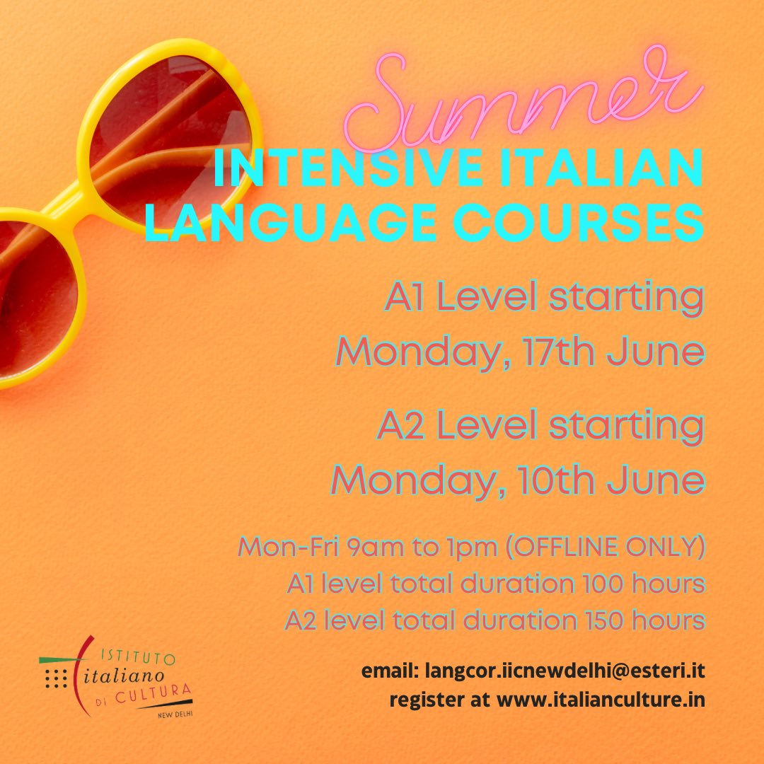 IIC New Delhi (@iicnewdelhi) on Twitter photo 📚 A new batch of summer intensive language courses is starting this June at IIC New Delhi!
A1 & A2 levels
🚨 REGISTRATIONS ARE NOW OPEN
Visit italianculture.in to register!!
Have any questions? Email us at 📧langcor.iicnewdelhi@esteri.it
#studyitalian 📚 A new batch of summer intensive language courses is starting this June at IIC New Delhi!
A1 & A2 levels
🚨 REGISTRATIONS ARE NOW OPEN
Visit italianculture.in to register!!
Have any questions? Email us at 📧langcor.iicnewdelhi@esteri.it
#studyitalian