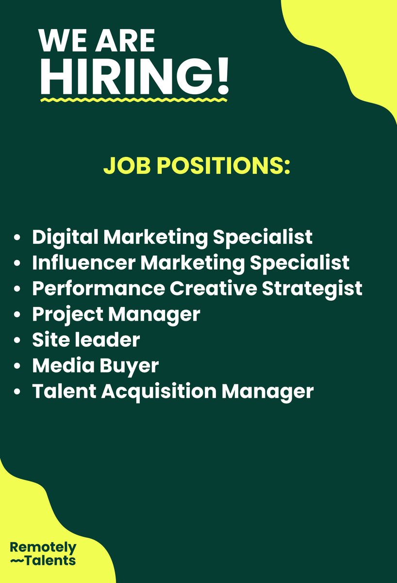 We have 7 open roles 🔥

Digital Marketing Specialist
Salary: $1,500-$2,500 per month
careers.remotelytalents.com/jobs/4435265-d…

Influencer Marketing Specialist
Salary: €1,600-€2,500 per month
careers.remotelytalents.com/jobs/4403451-i…

Performance Creative Strategist
Salary: €3,000-€4,500 per month…