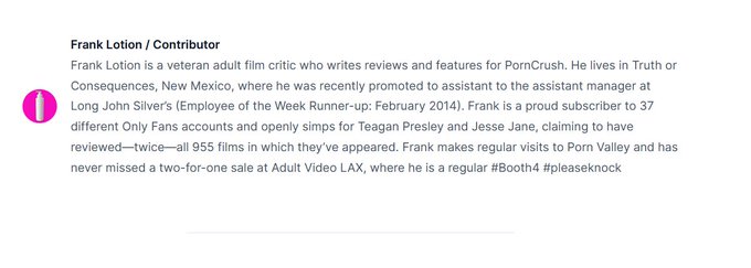 I've been enjoying Patrick Parker @artfulporn at PornCrush, but just this morning, noticed the bio of<a class="tags" target="_blank" title="On Twitter" href="/?out=eyJ0eXAiOiJKV1QiLCJhbGciOiJIUzUxMiJ9.eyJpYXQiOjE3MjUxNDgxMDcsImlzcyI6InR3cG9ybnN0YXJzLmNvbSIsIm5iZiI6MTcyNTE0ODEwNywiZXhwIjoxNzU2Njg0MTA3LCJyZWRpcmVjdF91cmwiOiJodHRwczovL3R3aXR0ZXIuY29tL2FydGZ1bHBvcm4ifQ.aCMA99_GfB2n9y4JyMtOYmPrjzSp7fWmRNtxYHO4uF_ZefK7g5kgnSLPuOgVxlpHgLU_RHTGBrzMk1AcW304_A">@artfulporn</a>