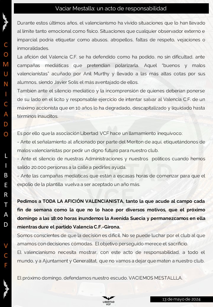 🚨🚨 COMUNICADO OFICIAL🚨🚨
Pedimos a TODA LA AFICIÓN VALENCIANISTA, tanto la que acude al campo cada fin de semana como la que no lo hace por diversos motivos, que el próximo domingo a las 18 00 horas inundemos la Avenida Suecia y permanezcamos en ella mientras dure el partido